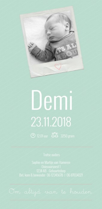 Strak geboortekaartje - Demi voor